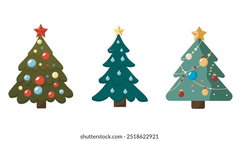 Set of three cute decorated Christmas trees with colorful ornaments and stars on a vector background