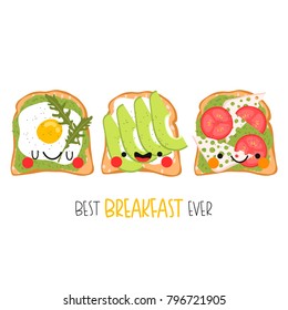 set of three cute different toast with funny faces. best breakfast set. can be used like stickers or for cards