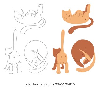 Set with three cute domestic cats in different poses. Black and white and color clipart vector illustration.