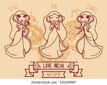 set of three cute doodle indian girls, banner for travel to india, vector illustration