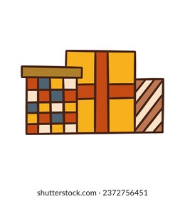 Set von drei süßen festlichen Geschenkbox. Frohe Weihnachten und glückliches neues Jahr. Alles Gute zum Geburtstag! Farbige Vektorkarte einzeln oder Postkartengrafik, handgezeichnet. Feiertagskontursymbol
