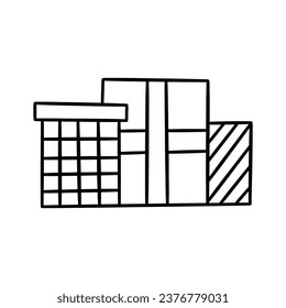 Conjunto de tres lindas cajas de regalo festivas. Feliz Navidad y Feliz Año Nuevo. Feliz cumpleaños. Dibujo manual de una tarjeta aislada de vector blanco y negro o de una postal. Icono de contorno de regalo de vacaciones