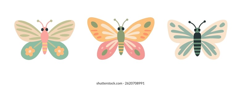 Set of three cute flat butterflies in pastel tones—green, pink, and orange. Perfect for spring designs, kids' art, nursery decor, baby shower themes, and whimsical seasonal illustrations.
