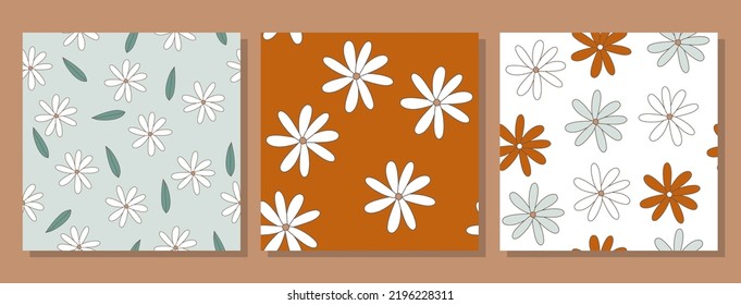 Set of three cute floral seamless patterns. Trendy groovy print. Vector hand drawn illustration.