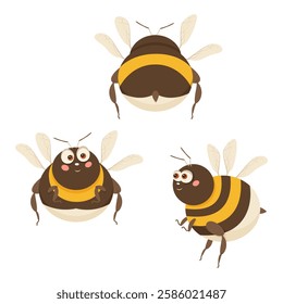 Set of three cute flying bumblebees. Cartoon characters in flat style. Vector.