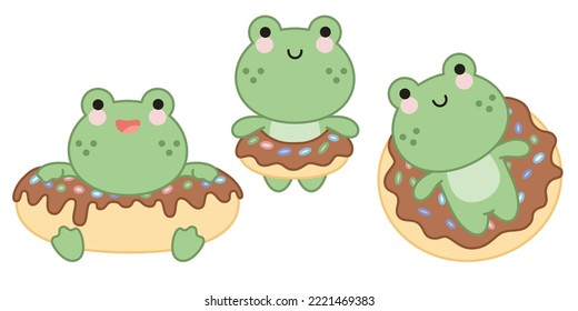 Set of three cute frogs on vacation in kawaii style. Swimming in a donut-shaped rubber ring with colorful sprinkles.