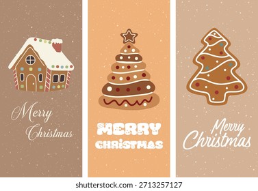 Conjunto de tres lindas decoraciones de Navidad de jengibre que incluyen un árbol de la casa y el diseño con fondo de nieve caída para tarjetas de felicitación de vacaciones