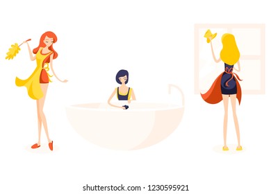 Set of three cute girl cleaners. Readhead dusting, Blonde washes the window and brunette washes a bath with a mop. They are work a orange, yellow and blue aprons. Isolated flat illustration