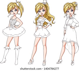 Set of three cute girls with celebration haircuts and clothes. Colored body with white costume. Hand drawn cartoon illustration. Can be used for coloring books, paper dolls, mobile games, study etc.