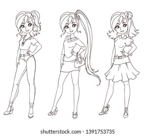 Set of three cute girls with different haircuts and clothes. Outlined images.  Hand drawn cartoon illustration. Can be used for coloring books, paper dolls, mobile games, study etc.