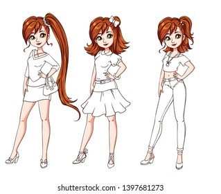 Set of three cute girls with different haircuts and clothes. Colored body with white costume. Hand drawn cartoon illustration. Can be used for coloring books, paper dolls, mobile games, study etc.