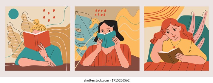 Set Of Three Cute Girls Reading Books. Hand Drawn Vector Female Illustrations Of Pretty Young Women With Books With Abstract Backgrounds