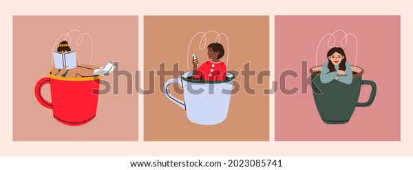 Set of three Cute girls sitting\
in the giant Cups with book and phone. Funny characters. Hand drawn\
colored trendy Vector illustrations. All elements are\
Isolated
