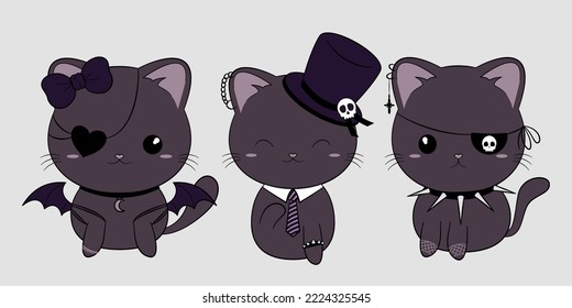 Set of three cute goth black cats. Kawaii animals with gothic accessories. Vector illustration.