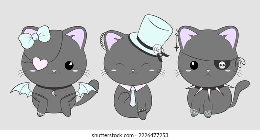 Set of three cute goth cats. Kawaii animals with gothic accessories. Vector illustration.