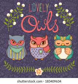 Set of three cute hand drawn owls.