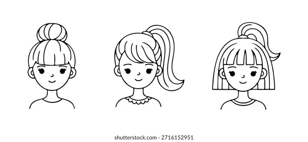 Conjunto de tres lindos personajes de avatar de niña dibujados a mano con diferentes peinados