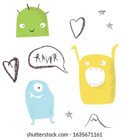 Set of three cute and happy monsters with graphic patterns and elements. 