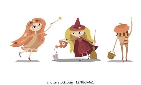 Set of three cute isolated children characters: a fairy, a witch and a boy with a basket. Pastel colours. White background. Flat cartoon style vector illustration.