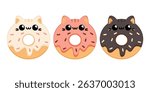 Set of three cute kawaii cat donuts with different flavors - adorable cartoon vector illustration