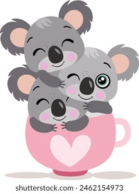 Set of three cute koalas in tea cup