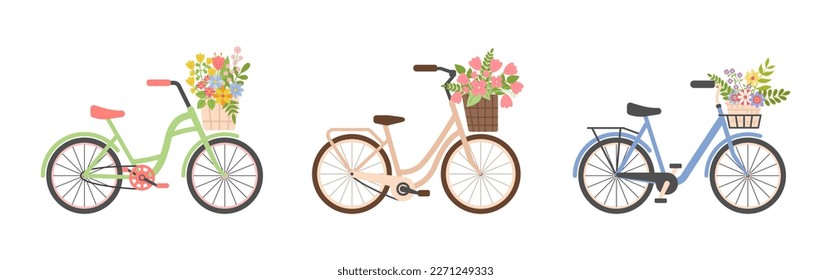 Juego de tres bicicletas de Cute Ladies con cestas de flores de primavera. La bicicleta retro de la ciudad femenina. Concepto de viaje vintage de verano. Romance. Bien por cartas, saludo. Ilustración vectorial plana sobre fondo blanco