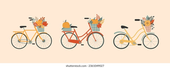 Set of three Cute Ladies bicycle with baskets of autumn leaves. Autumn harvest, pumpkins in wicker baskets. Women city retro bike. Autumn vintage journey concept. Romance. Vector illustration