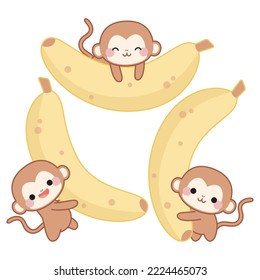 Set of three cute monkeys in kawaii style with bananas and different emotions. 