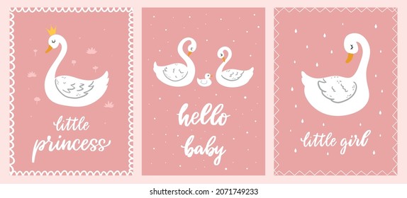 Set of three cute nursery posters with swans and lettering quotes on pink background. Good for girlish greeting cards, posters, prints, banners, etc. EPS 10