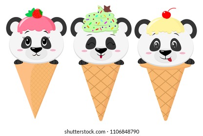 A set of three cute pandas in the image of ice cream. Sits in a waffle cone on his head glaze and ice cream with a berry, in the style of a cartoon. Flat, vector.