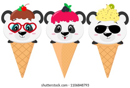 A set of three cute pandas in the image of ice cream. Sits in a waffle cone on his head glaze and ice cream with a berry, in the style of a cartoon. Flat, vector.