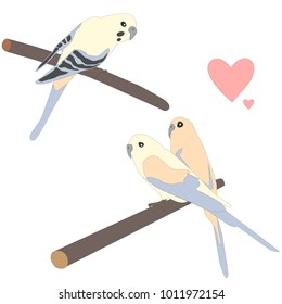Set of three cute parrot birds sitting on branch. Flat Vector Illustration