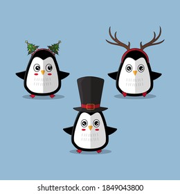 Set of three Cute Penguin With a Christmas Hat Icon Vector Flat Background