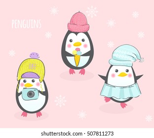 Set with three cute penguins in hats. Poster or card with a cartoon character. Vector illustration.