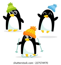 Set of three cute penguins having fun, isolated on white