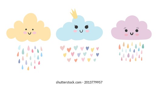Set of three cute pink baby cloud with smiling kawaii face and rainbow rain drops and hearts. Sweet nursery poster design. Vector illustration childish simple Scandinavian hand drawn style isolated