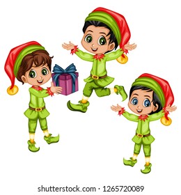 Set of Three Cute Playful Christmas Elves. Collection of Santa Claus helpers. Happy New Year, Merry Christmas Design Element. Isolated. Good for Christmas Cards. Children Cartoon Vector illustration