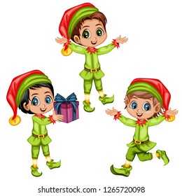 Set of Three Cute Playful Christmas Elves. Collection of Santa Claus helpers. Happy New Year, Merry Christmas Design Element. Isolated. Good for Christmas Cards. Children Cartoon Vector illustration