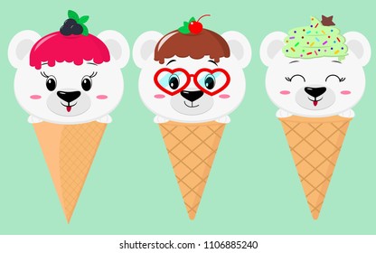 A set of three cute polar bears in the image of an ice cream. Sits in a waffle cone on his head glaze and ice cream with a berry, in the style of a cartoon. Flat, vector.