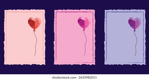 Set of three cute polygonal heart balloon frames in pink, purple and lavender, ideal for greeting cards, print design, and festive romantic decorations