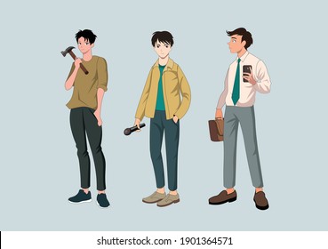 set of three cute professional men worker singer and businessman