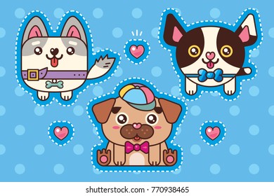 Set of three cute puppies and hearts on a blue background.