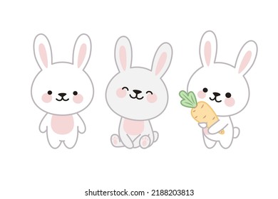 Set of three cute rabbits in kawaii style. One is standing, the second is sitting, the third is holding a carrot. On an isolated white background.