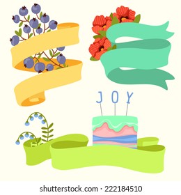 Set of three cute ribbons decorated with flowers and cake. 