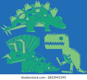 A set of three cute robotic dinosaurs in a vector style, including a Stegosaurus, a Triceratops, and a Tyrannosaurus rex. The design features mechanical details, screws, and geometric shapes. Green dinosaurs on a blue background; robot dinosaurs.