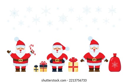 Set of three cute Santa Claus with gifts. vector illustration