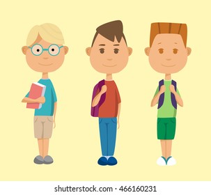 Set of three cute school boys. Vector illustration.