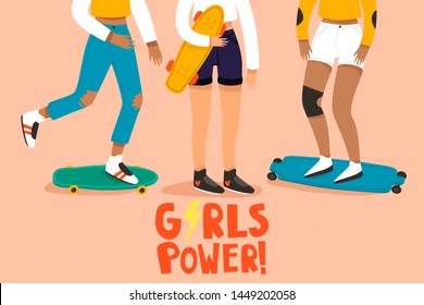 set with three cute skateborder girls on pastel pink background with "girls power" text. Vector illustration of girls with skateboard. Cute card or poster template