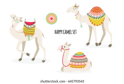 Set of three cute smiling camel with ethnic saddles. Isolated on white background. Vector illustration.