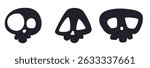 Set of three cute and spooky cartoon skulls in black and white. Minimal, bold shapes ideal for stickers, tattoos, icons, and Halloween designs for kids and adults.